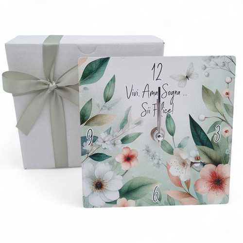 Bomboniera Matrimonio Linea Flora – Orologio Quadrato in Legno con Lancette Silver, Stampa Floreale e Frase La Miniera - 1