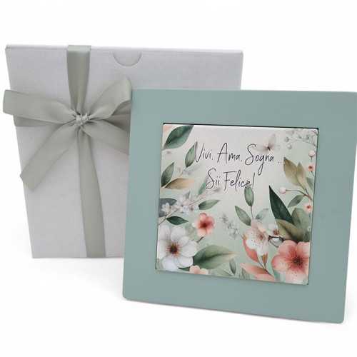 Bomboniera Matrimonio Linea Flora – Quadretto in Legno Verde con Mattonella Decorata, Stampa Floreale e Frase La Miniera - 1