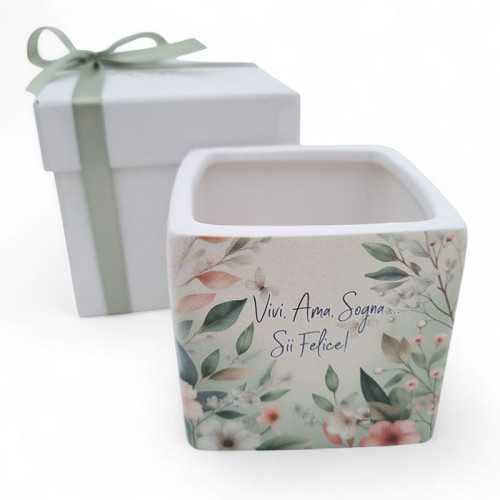 Bomboniera Matrimonio Linea Flora – Porta Piantina in Ceramica Bianca con Stampa Floreale La Miniera - 1