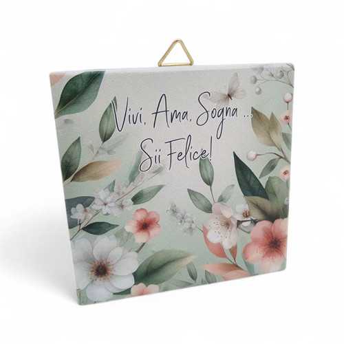 Bomboniera Matrimonio Linea Flora – Mattonella Quadrata in Legno con Gancio, Stampa Floreale e Frase La Miniera - 1