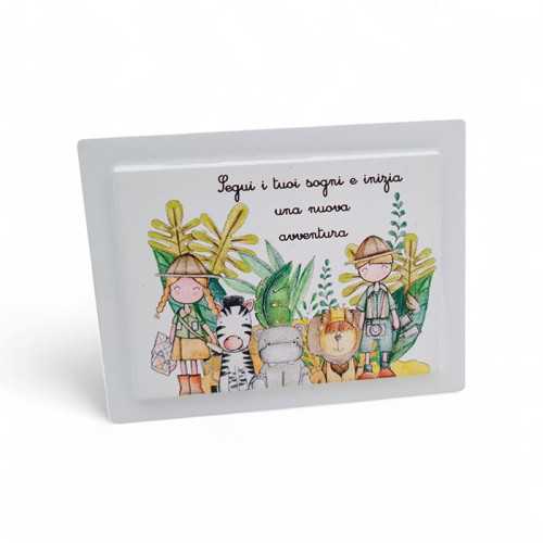 Bomboniera Prima Comunione Quadretto in Legno a Due Livelli con Calamita,Tema Safari con Frase La Miniera - 1