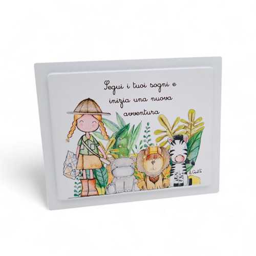 Bomboniera Prima Comunione Quadretto in Legno Rettangolare a Due Livelli con Calamita,Tema Safari con Bimba e Animali La Miniera