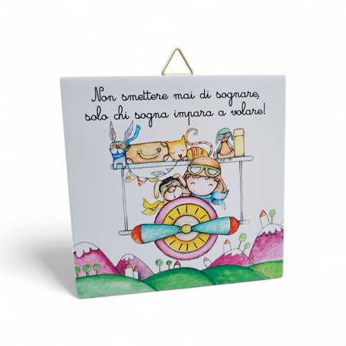 Bomboniera Prima Comunione Mattonella in Ceramica con Gancio, Decoro Viaggiatore su Aeroplano con Animali e Frase La Miniera - 1