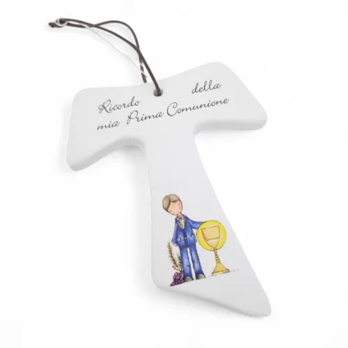 Bomboniera Prima Comunione Linea Dolci Momenti – Tau in Pasta di Ceramica con Decoro Bimbo e Calice La Miniera - 1