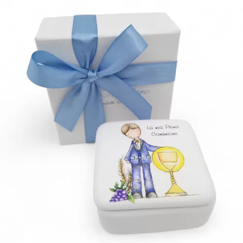 Bomboniera Prima Comunione Linea Dolci Momenti – Scatola Bianca Quadrata in Ceramica con Decoro Bimbo e Calice La Miniera - 1