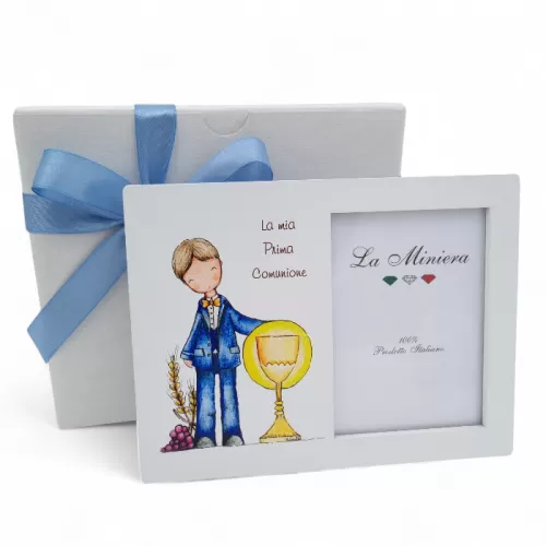 Bomboniera Prima Comunione Linea Dolci Momenti – Portafoto Rettangolare Medio con Decoro Bimbo e Calice La Miniera - 1