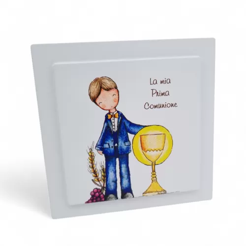 Bomboniera Prima Comunione Linea Dolci Momenti – Quadretto in Legno Quadrato su Due Livelli con Stampa Bimbo e Calice La Miniera