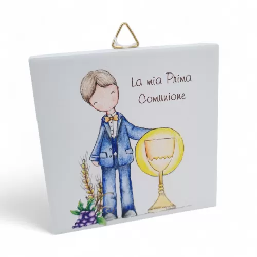Bomboniera Prima Comunione Linea Dolci Momenti – Mattonella in Ceramica con Gancio e Stampa Bimbo con Calice La Miniera - 1