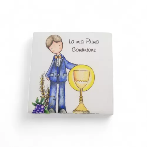Bomboniera Prima Comunione Linea Dolci Momenti – Mattonella Mini in Ceramica con Magnete e Stampa Bimbo con Calice La Miniera - 