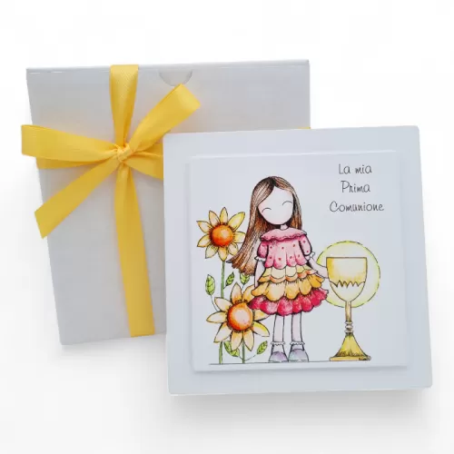 Bomboniera Prima Comunione Linea Dolci Momenti – Quadretto in Legno Quadrato a Due Livelli con Stampa Bimba e Calice La Miniera 