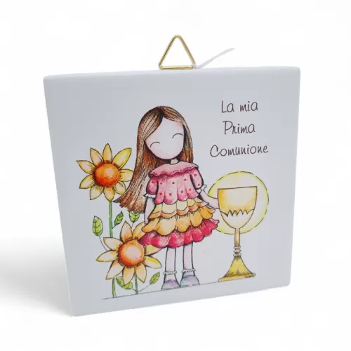Bomboniera Prima Comunione Linea Dolci Momenti – Mattonella in Ceramica con Gancio e Stampa Bimba con Calice La Miniera - 1