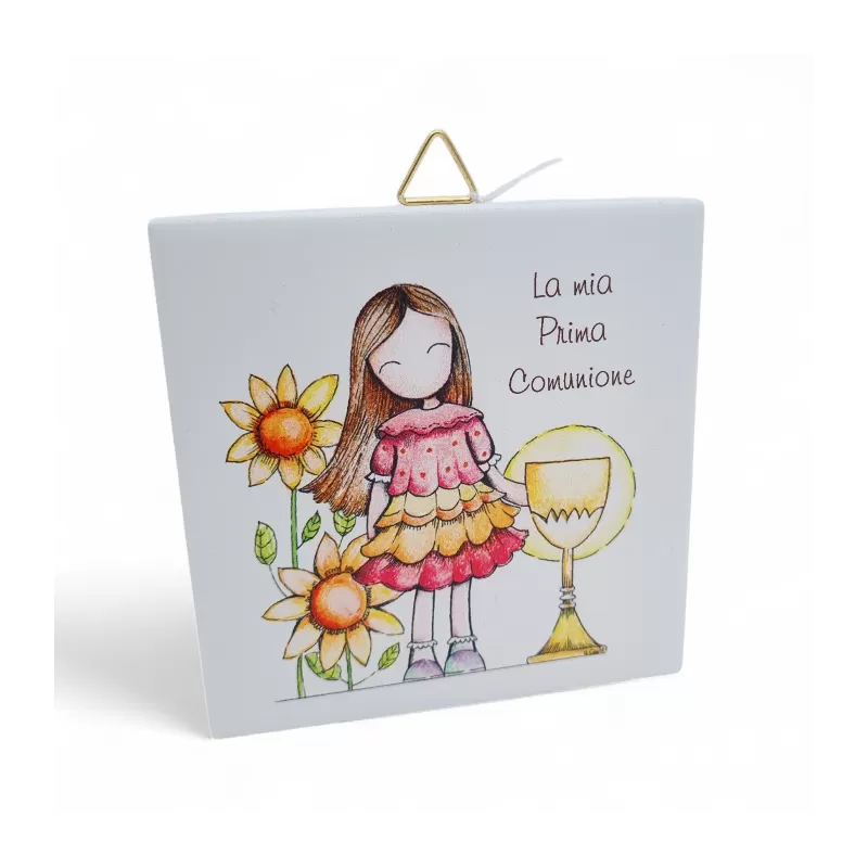 Bomboniera Prima Comunione Linea Dolci Momenti – Mattonella in Ceramica con Gancio e Stampa Bimba con Calice La Miniera - 1