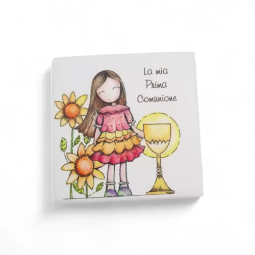 Bomboniera Prima Comunione Linea Dolci Momenti – Mattonella Mini in Ceramica con Magnete e Stampa Bimba con Calice La Miniera - 
