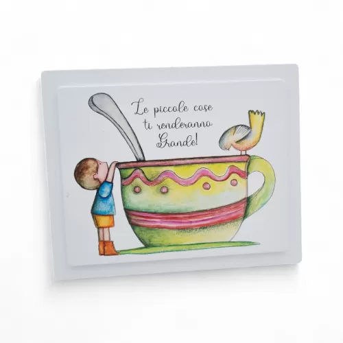 Bomboniera Prima Comunione Linea Mini Mondo – Quadretto in Legno Rettangolare su Due Livelli con Stampa Bimbo con Tazza e Frase 