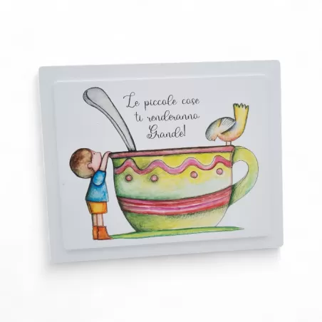 Bomboniera Prima Comunione Linea Mini Mondo – Quadretto in Legno Rettangolare su Due Livelli con Stampa Bimbo con Tazza e Frase 