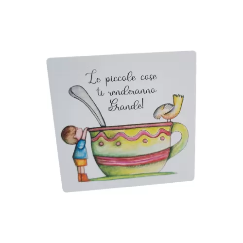 Bomboniera Prima Comunione Linea Mini Mondo – Mattonella Mini in Legno con Magnete, Stampa Bimbo con Tazza e Frase La Miniera - 