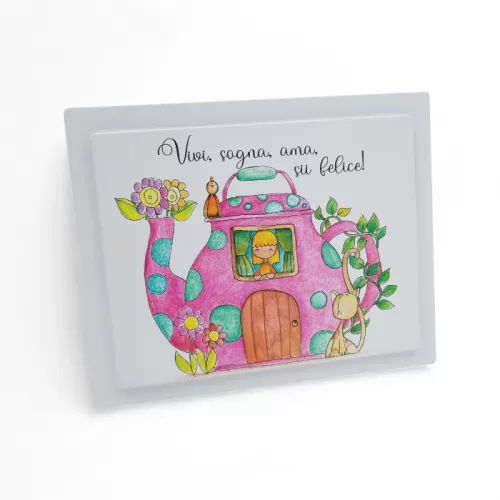 Bomboniera Prima Comunione Linea Mini Mondo – Quadretto in Legno su Due Livelli con Casetta a Forma di Teiera, Bimba e Frase La 