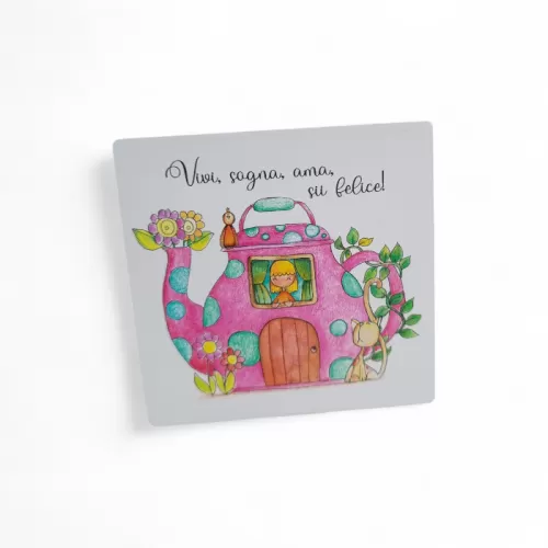 Bomboniera Prima Comunione Linea Mini Mondo – Mattonellina con Magnete, Casetta a Forma di Teiera con Bimba e frase La Miniera -