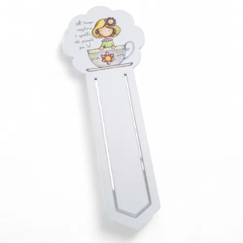 Bomboniera Prima Comunione Linea Mini Mondo – Segnalibro in Legno Bianco a Forma di Fiore con Bimba su Tazza La Miniera - 1
