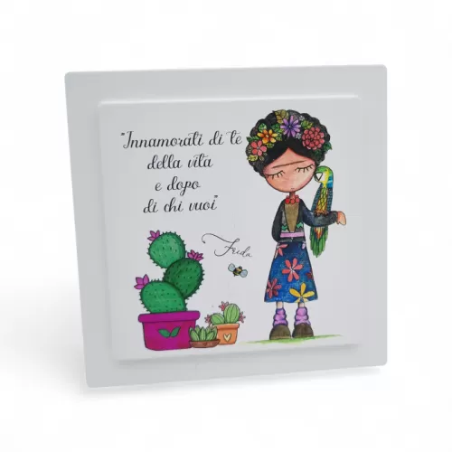 Bomboniera Prima Comunione Linea Miti e Leggende – Quadretto in Legno Quadrato su Due Livelli con Stampa Frida La Miniera - 1