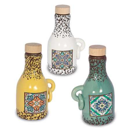 Bomboniere matrimonio solidali oliera in porcellana con tappo in legno e decoro siciliano in rilievo Quadrifoglio - 1