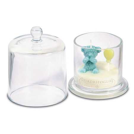Bomboniere nascita solidali vasetto campanella trasparente in vetro con candela a forma di orsetto celeste con palloncino giallo