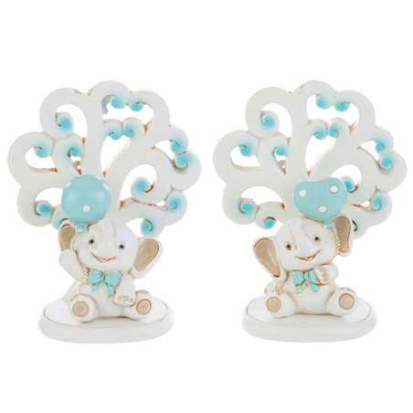 Bomboniere Battesimo Bimbo Elefante con Palloncino Celeste e Albero della Vita in Resina - 1