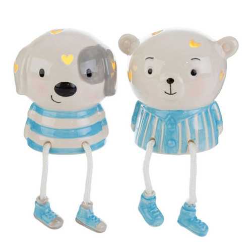 Bomboniere Battesimo Animali con Luce LED in Porcellana Celeste 2 Assortiti con Scatola Shopper - 1