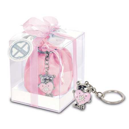 Bomboniere nascita solidali porta chiavi in metallo a forma di cuore rosa con fagotto Quadrifoglio - 1