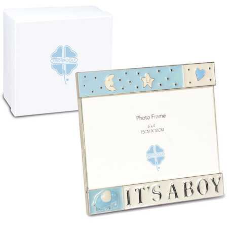 Bomboniere nascita solidali porta foto in metallo rettangolare con inserti luna, stella e cuore celeste Quadrifoglio - 1