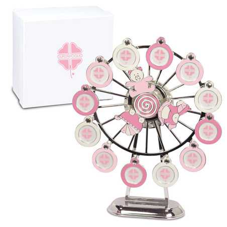 Bomboniere nascita solidali carillon in metallo a forma di giostra con inserti rosa Quadrifoglio - 1