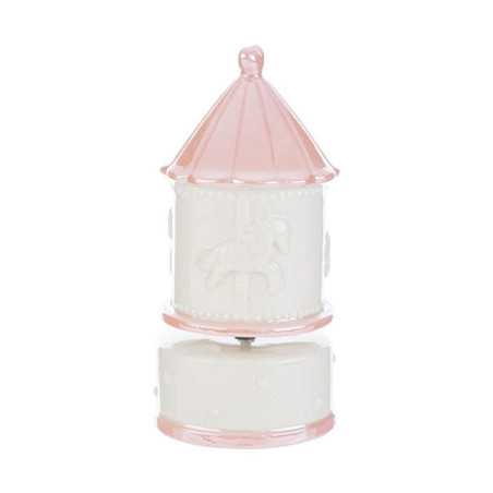 Bomboniera Battesimo Carillon con Giostrina a Rilievo in Porcellana Bianca e Rosa con Cuoricino e Scatola Inclusa Le stelle - 1