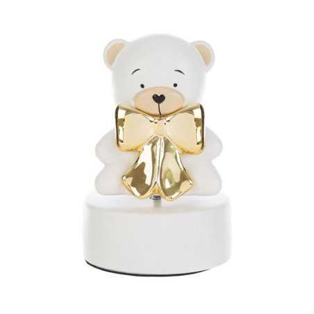 Bomboniere Battesimo Orsetto Carillon in Porcellana Bianca con Fiocco Dorato Le stelle - 1