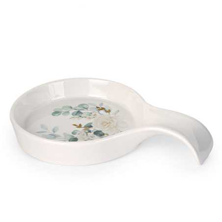 Bomboniere Matrimonio Poggiamestolo Tondo con Manico in Porcellana Bianca, Motivo Floreale e Sfumature Oro - 1