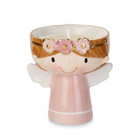 Bomboniere Prima Comunione Femminuccia Angioletto rosa in Porcellana con Candela e Ghirlanda di roselline e shopper inclusa - 1