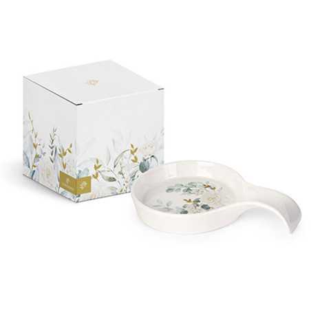 Bomboniere Matrimonio Poggiamestolo Tondo con Manico in Porcellana Bianca, Motivo Floreale e Sfumature Oro - 2