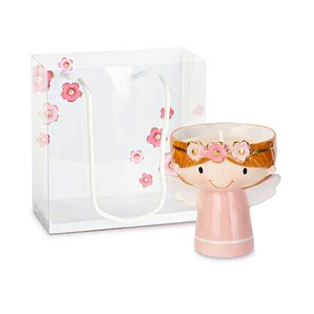 Bomboniere Prima Comunione Femminuccia Angioletto rosa in Porcellana con Candela e Ghirlanda di roselline e shopper inclusa - 2