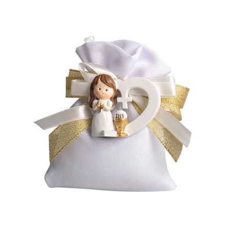 Sacchetto Porta Confetti Prima Comunione in Cotone Bianco con Magnete Bimba Comunione in Resina Harmony - 1