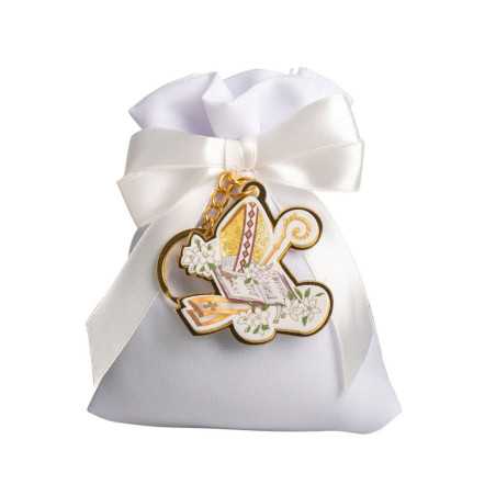 Sacchetto Porta Confetti Cresima in Cotone Bianco con Portachiavi Cresima Finitura Oro Harmony - 1