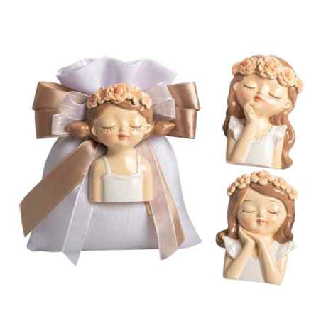 Sacchetto Porta Confetti Prima Comunione in Cotone Bianco con Magnete Bimba in Resina 3 Modelli Assortiti Harmony - 1