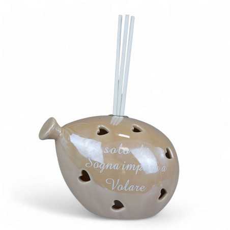 Bomboniera Diffusore Profumatore in Ceramica Tortora con Cuori Traforati Melograno - 1