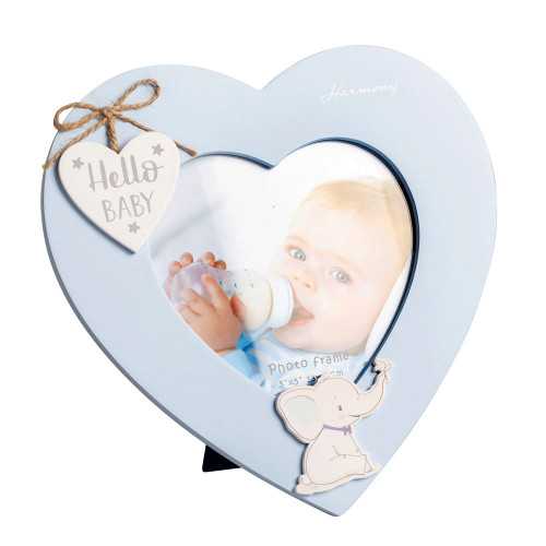 Bomboniera Battesimo Portafoto a Cuore Celeste in Legno con Elefantino Harmony - 1