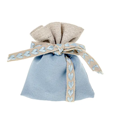 Sacchetto nascita e battesimo celeste e beige con fiocco cuori celesti ETM - 1