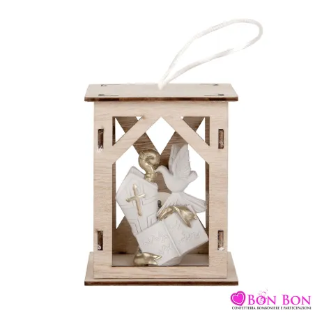 Bomboniere Cresima Lanterna Grande in Legno con Icona in Gesso e Luce LED