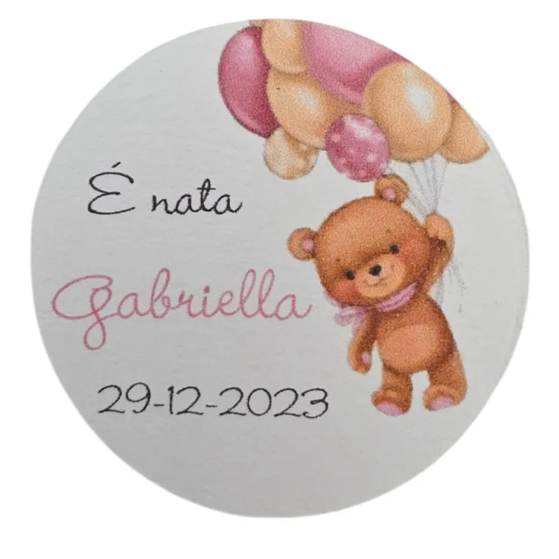 Tag Nascita in Cartoncino con Orsetto e Palloncini Rosa Personalizzato  - 1