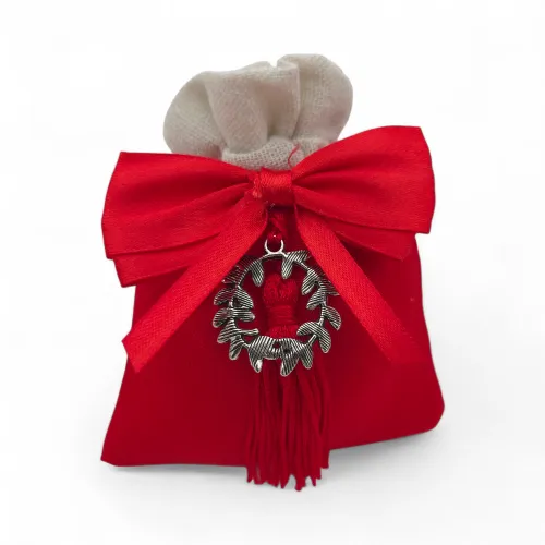Sacchetto porta confetti laurea in cotone rosso con ciondolo corona d’alloro e nappina ETM - 1