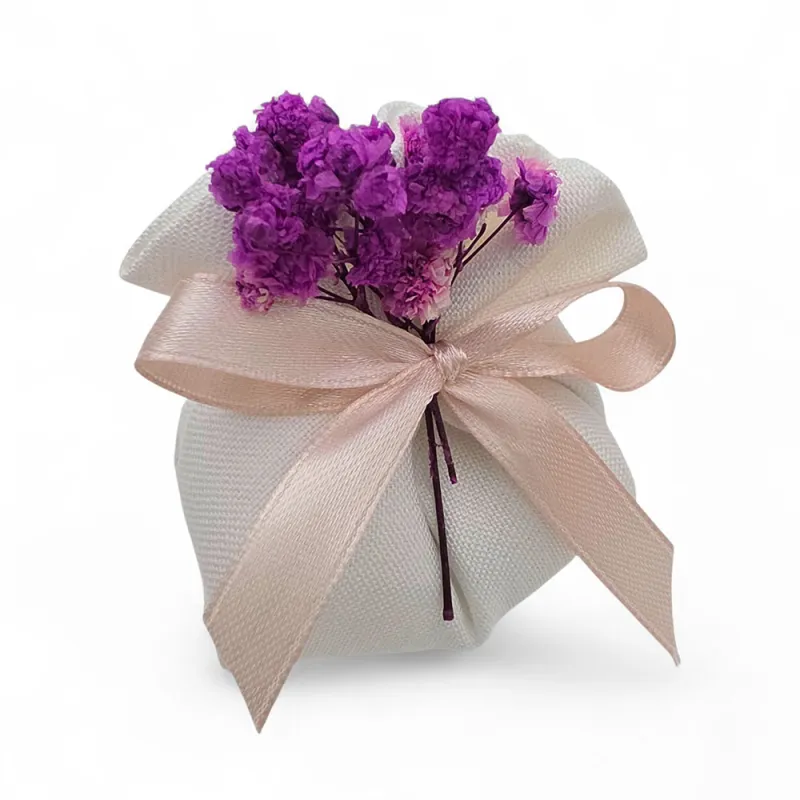Sacchetto porta confetti fagottino in lino con fiocco cipria e fiore fuxia Liete Creazioni - 1