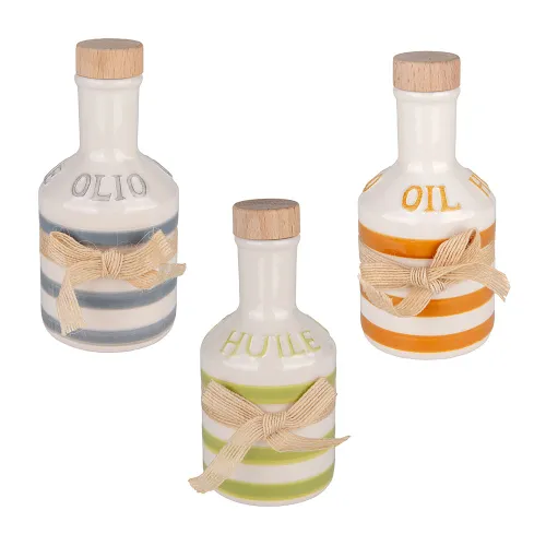 Oliera a Righe in Porcellana “Huile” con Nastro e Tappo in Legno – 3 Colori Assortiti ETM - 1