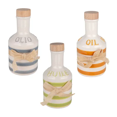 Oliera a Righe in Porcellana “Huile” con Nastro e Tappo in Legno – 3 Colori Assortiti ETM - 1