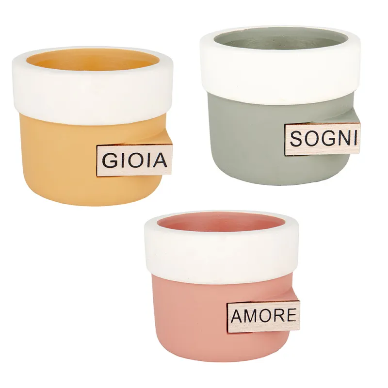 Vaso Portapianta in Porcellana con Decoro Bianco – Linea Vento con Placchetta in Legno (3 Colori Assortiti) ETM - 1